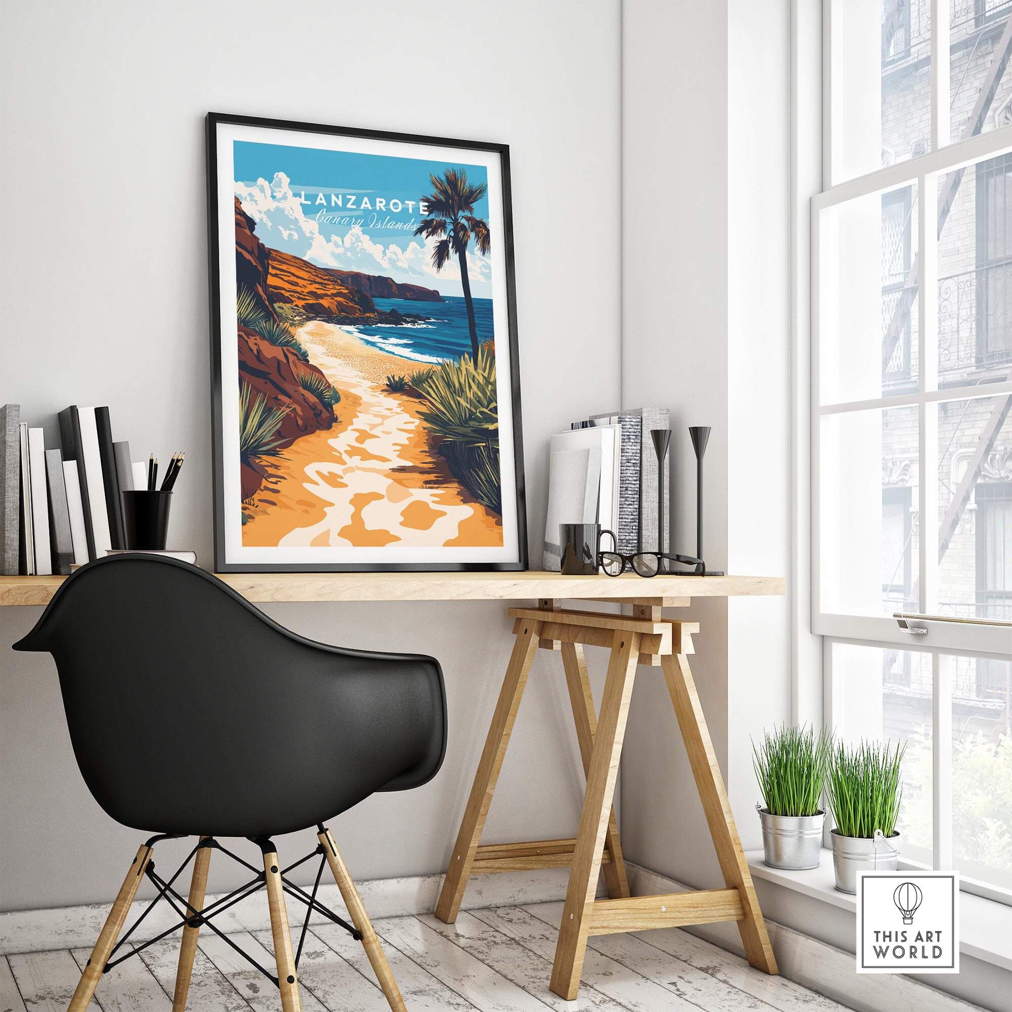 Lanzarote Canary Islands Spain Wall Art featuring a scenic beach view in a modern office setting.
