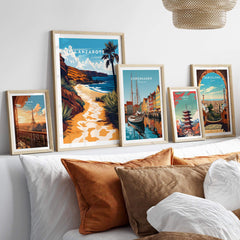 Lanzarote Canary Islands Spain Wall Art featuring beach and vibrant travel posters on a stylish interior display.