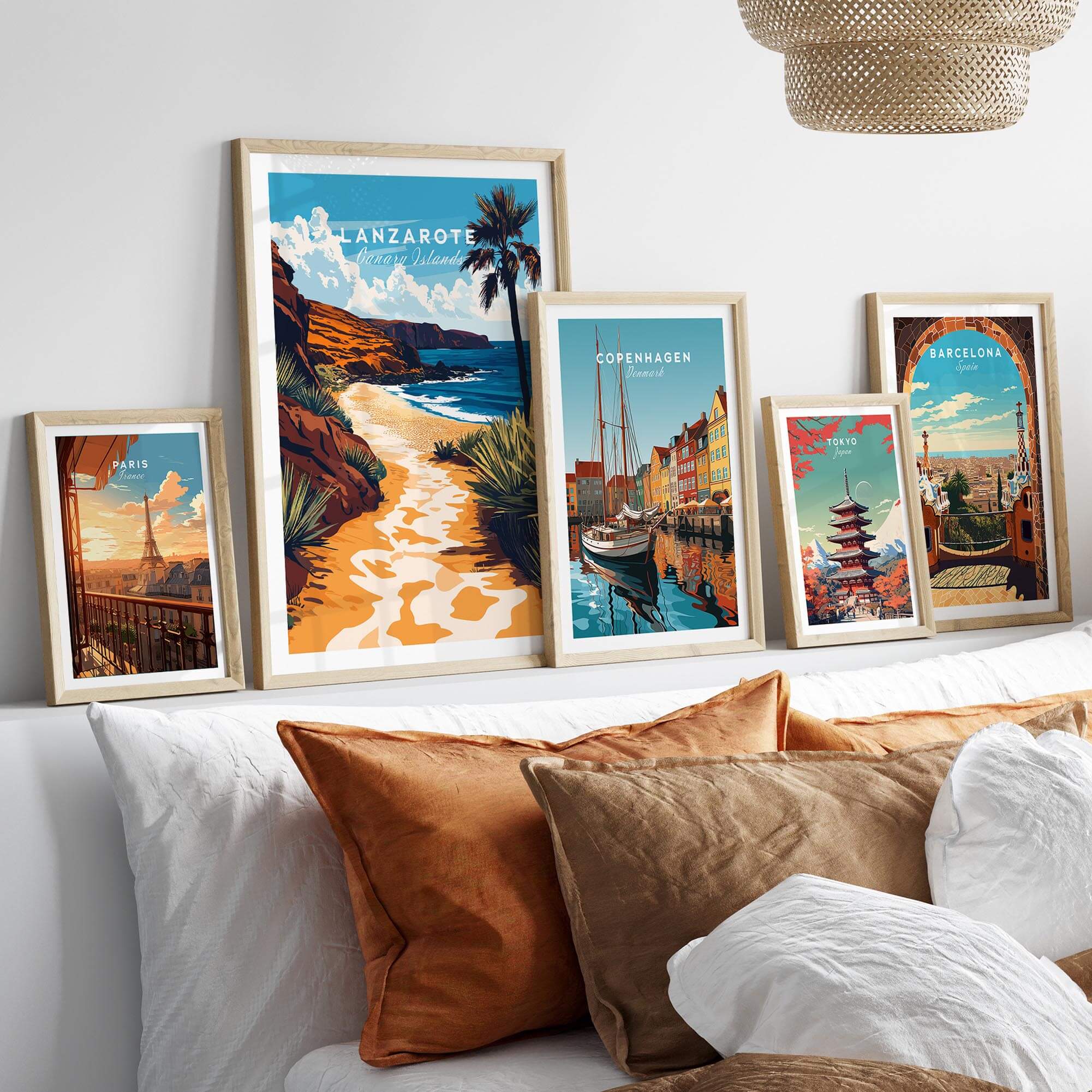 Lanzarote Canary Islands Spain Wall Art featuring beach and vibrant travel posters on a stylish interior display.