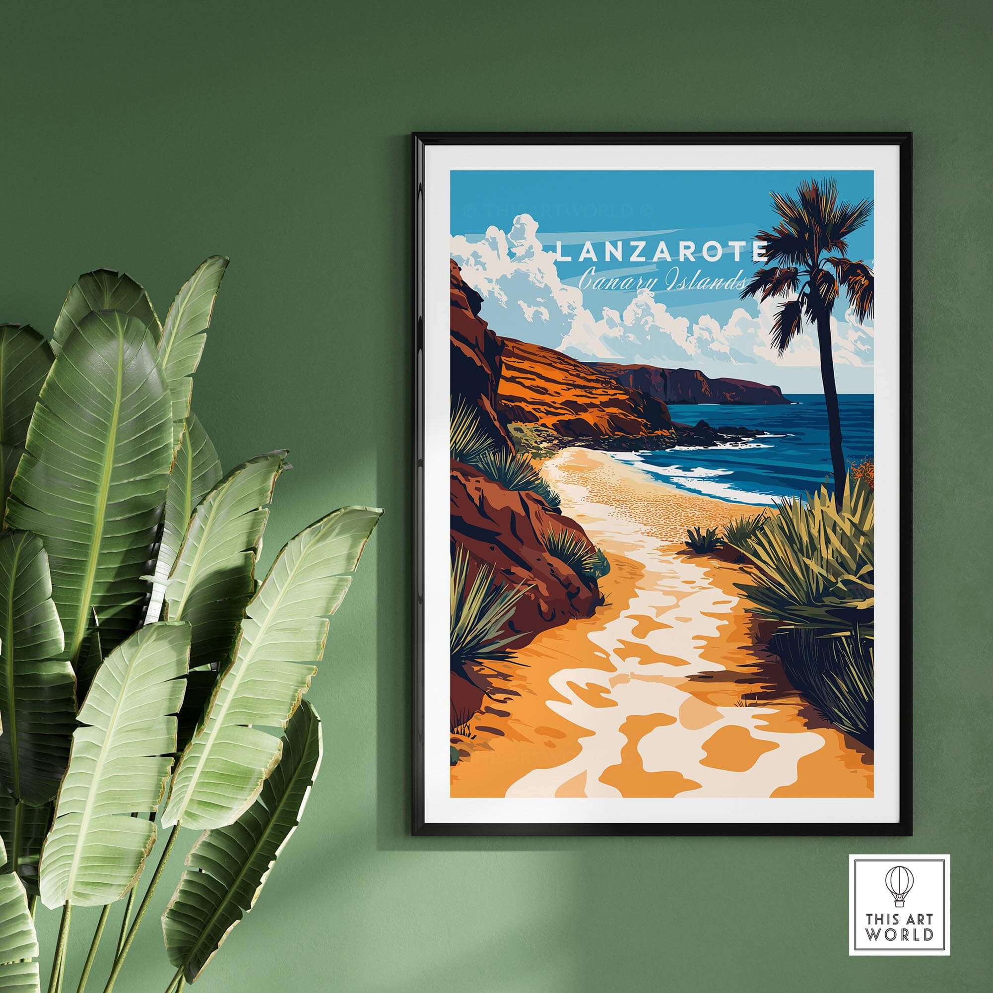Lanzarote Canary Islands Spain Wall Art featuring a serene beach scene with palm trees and ocean.
