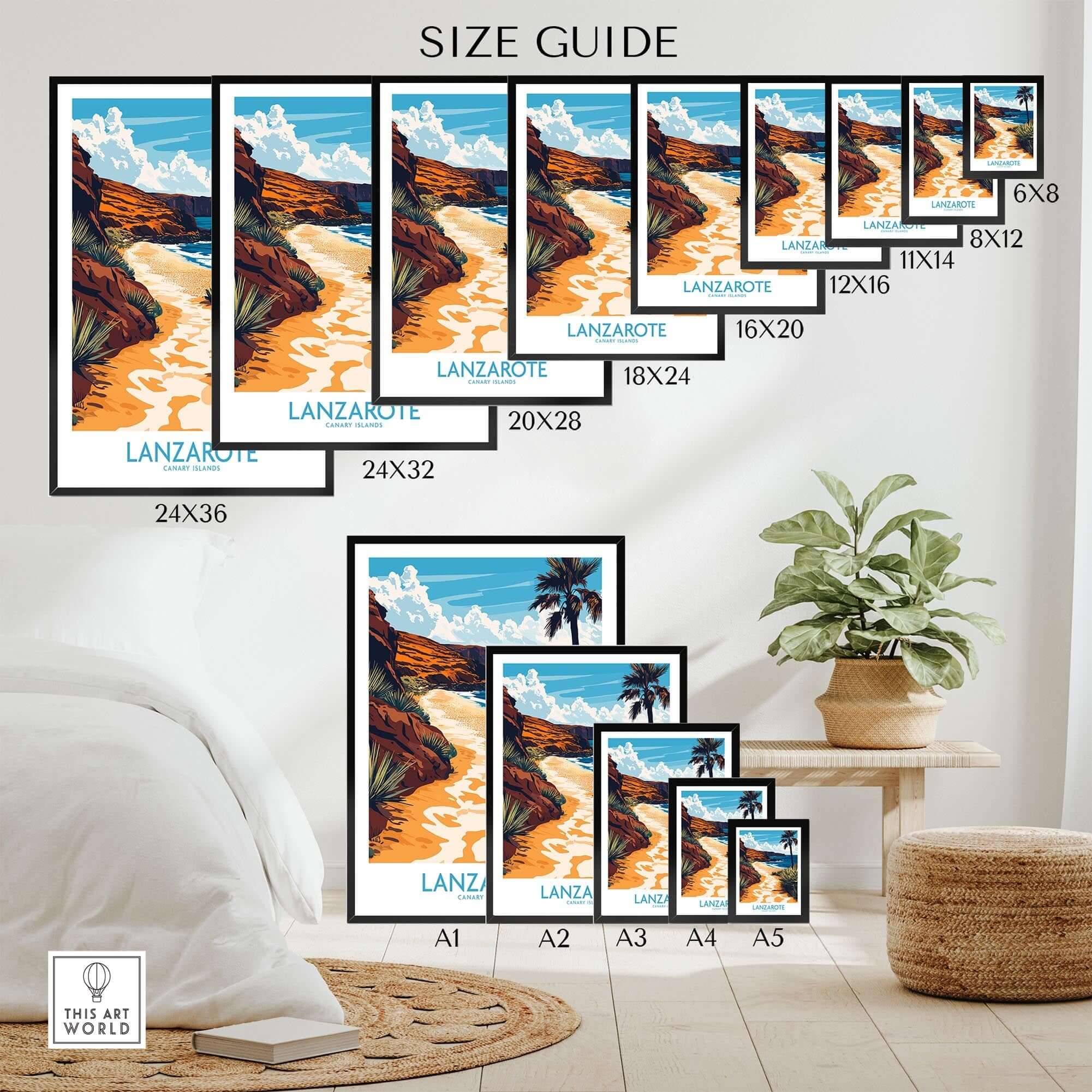 Lanzarote Canary Islands Spain Wall Art Print size guide showcasing various frame sizes and options.