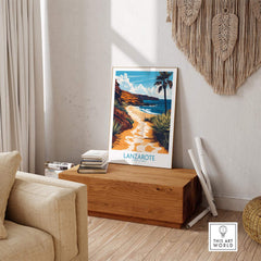 Lanzarote Canary Islands Spain Wall Art Print featuring a serene beach scene in a stylish living room setting.