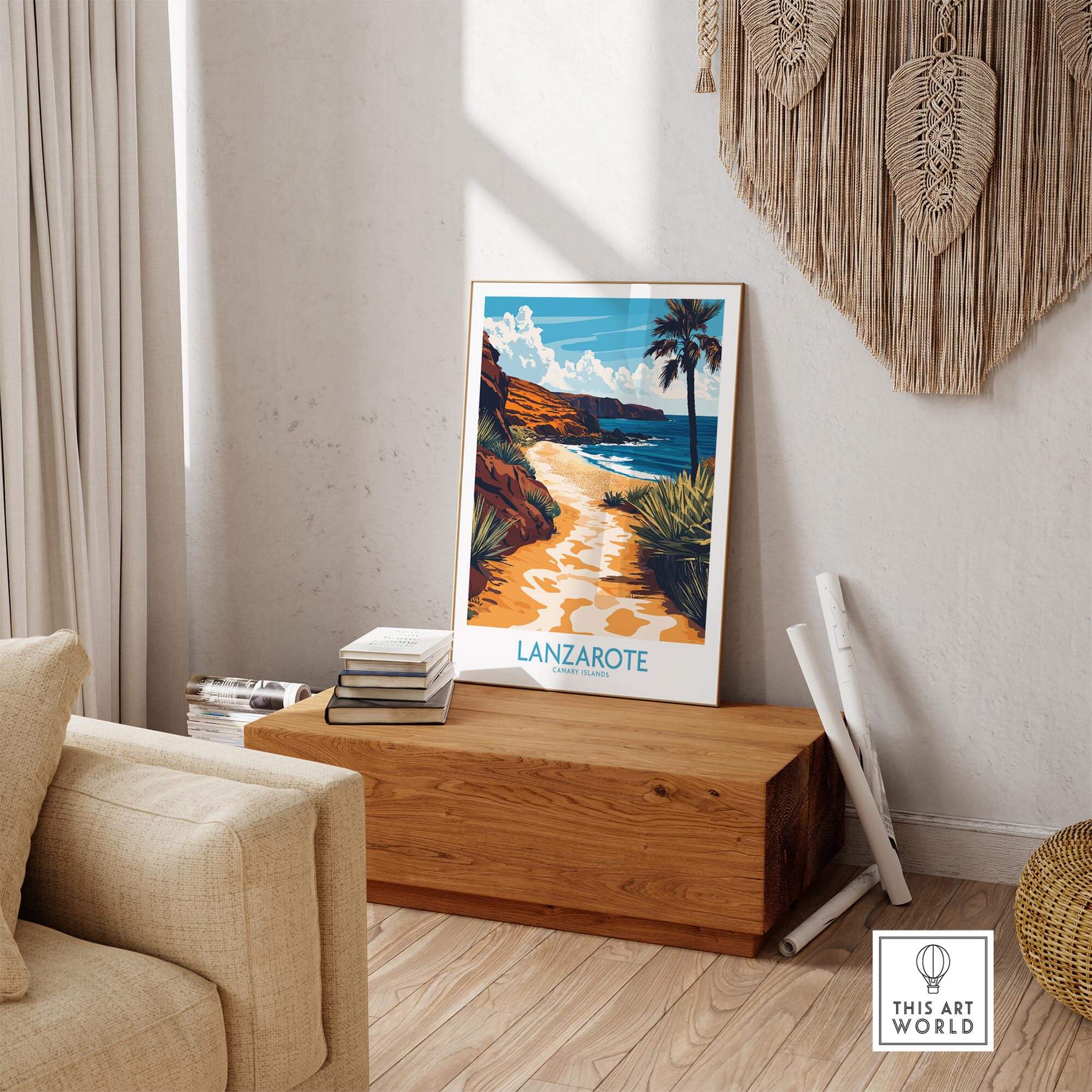 Lanzarote Canary Islands Spain Wall Art Print featuring a serene beach scene in a stylish living room setting.