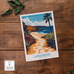 Lanzarote Canary Islands Spain Wall Art Print depicting a serene beach scene with palm trees and a coastal path.