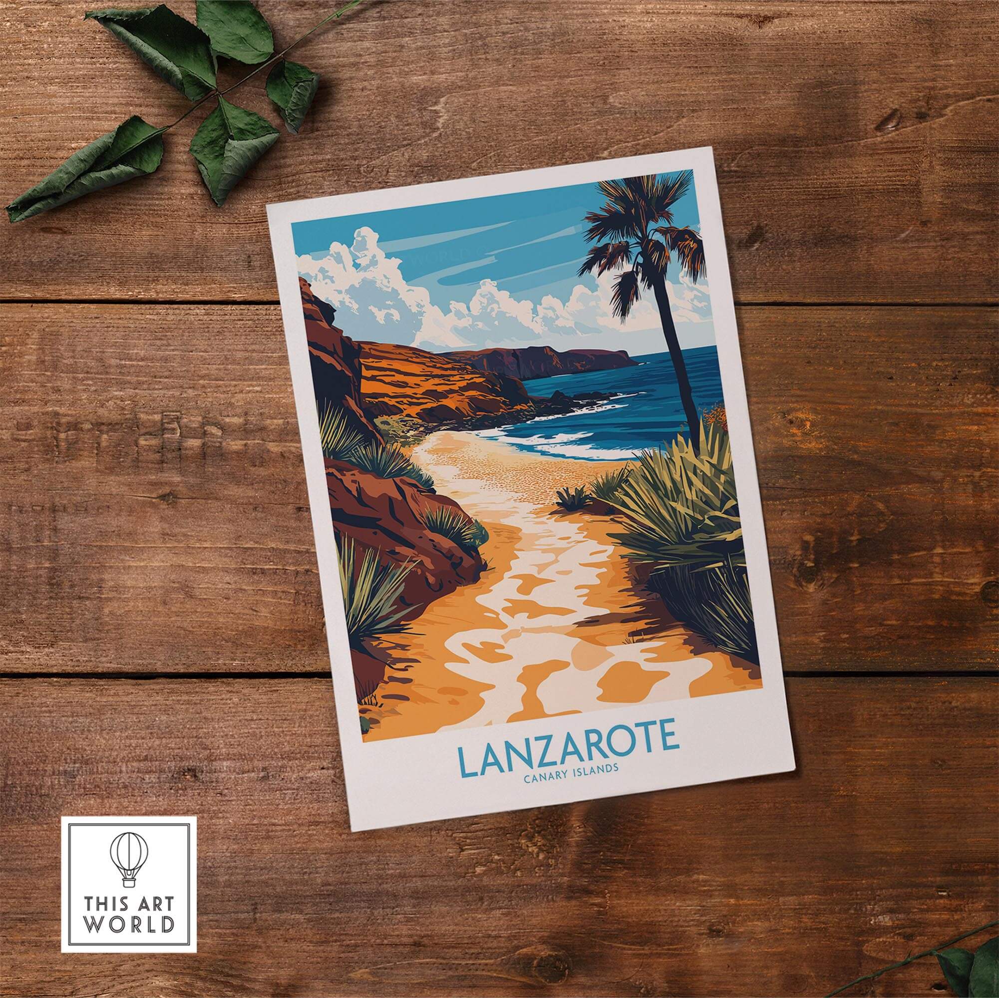 Lanzarote Canary Islands Spain Wall Art Print depicting a serene beach scene with palm trees and a coastal path.