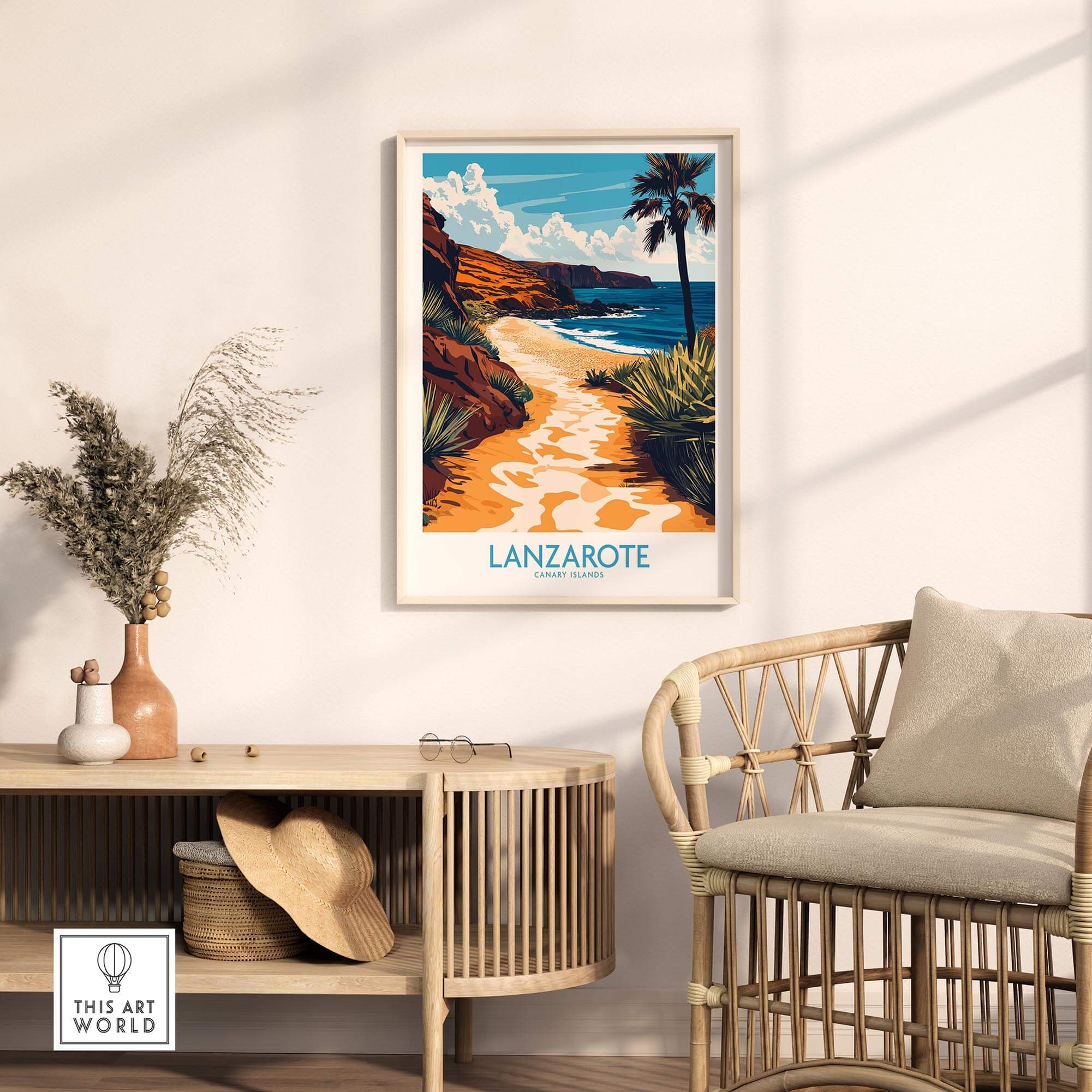 Lanzarote Canary Islands Spain Wall Art Print showcased in a stylish living room with beach and palm tree scene.