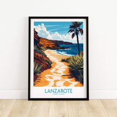 Lanzarote Canary Islands Spain Wall Art Print featuring a vibrant beach path and palm trees.