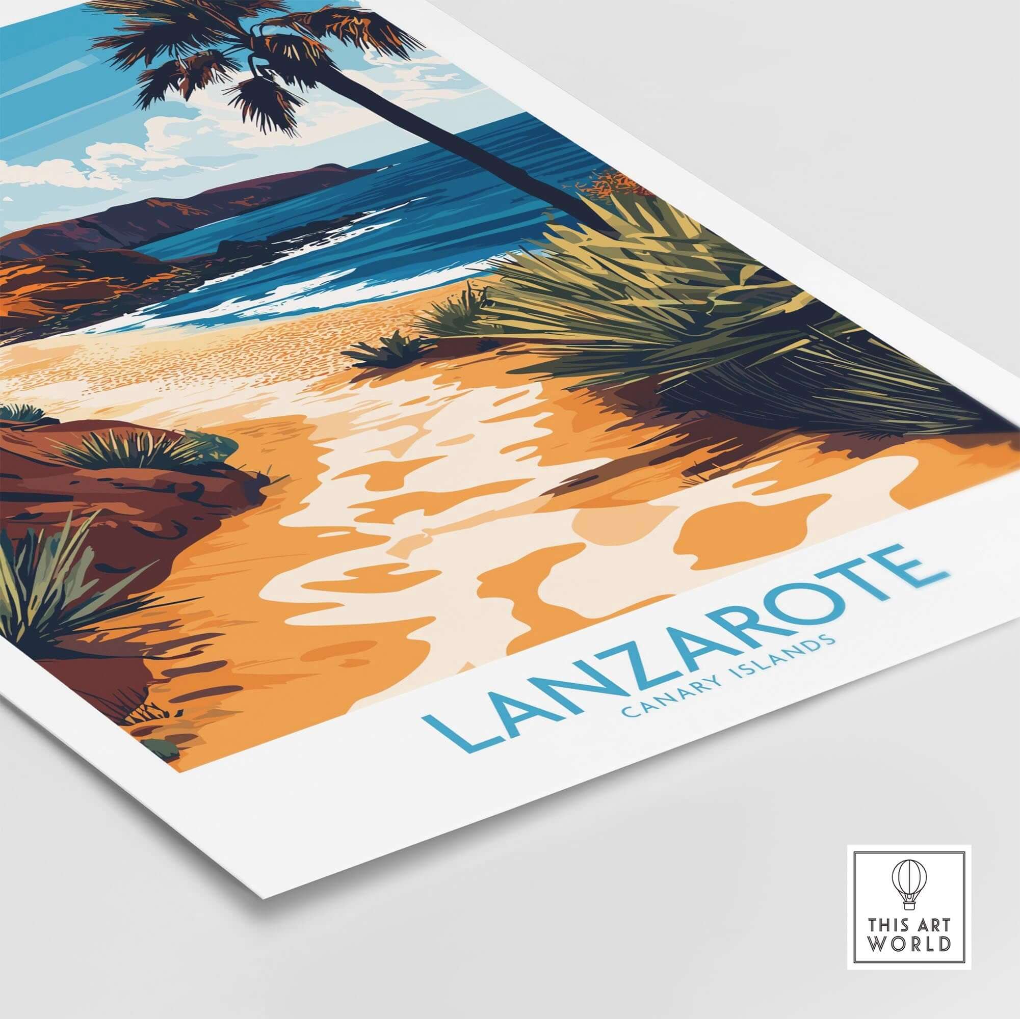 Lanzarote Canary Islands Spain Wall Art Print featuring a serene beach scene with palm trees and vibrant colors.