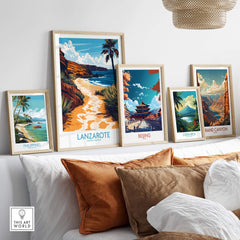 Lanzarote Canary Islands Spain Wall Art Print displayed among travel-themed prints in a cozy interior setting.