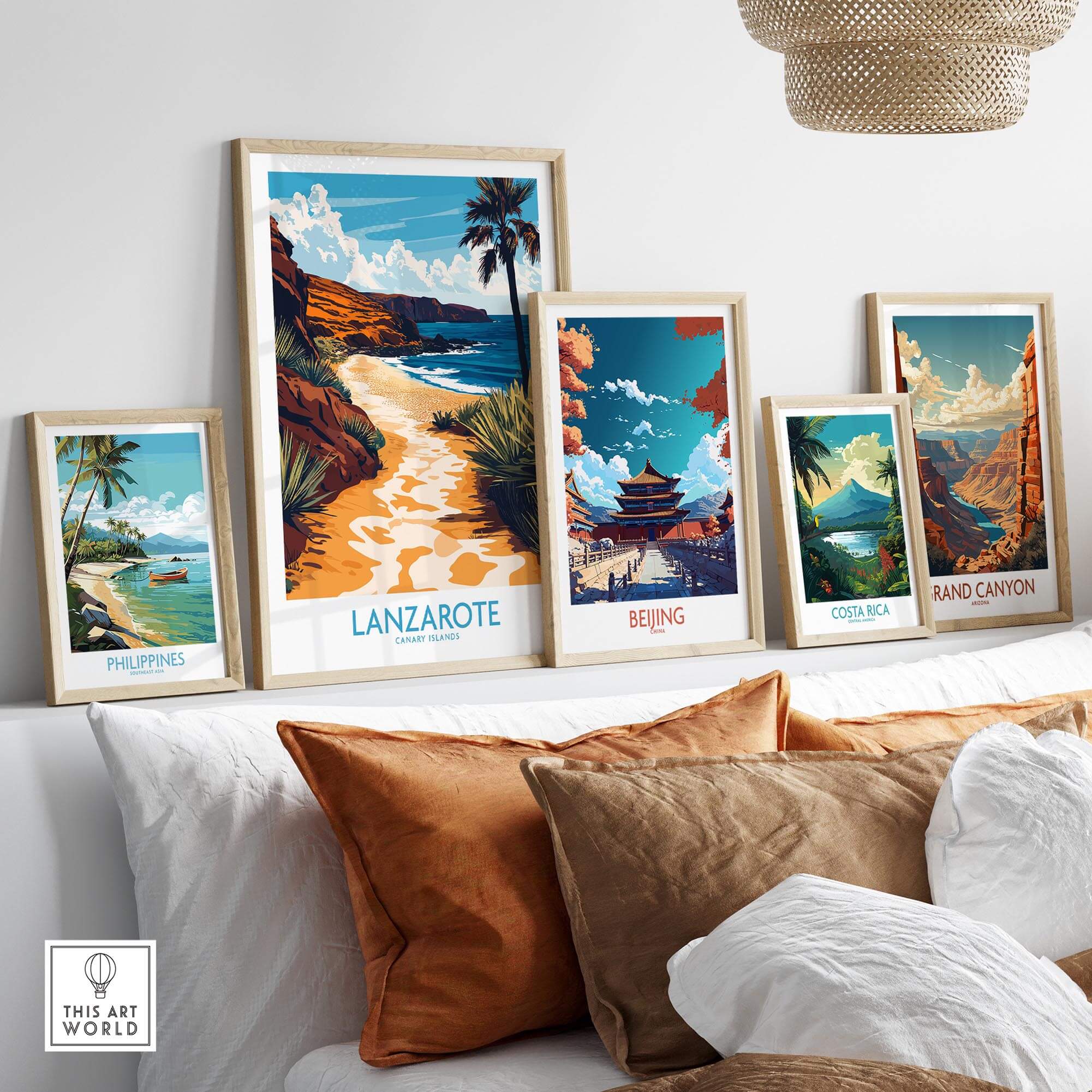 Lanzarote Canary Islands Spain Wall Art Print displayed among travel-themed prints in a cozy interior setting.