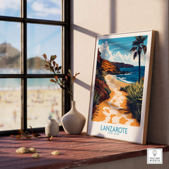 Lanzarote Canary Islands Spain Wall Art Print showcasing a beach scene with palm trees and vibrant colors.