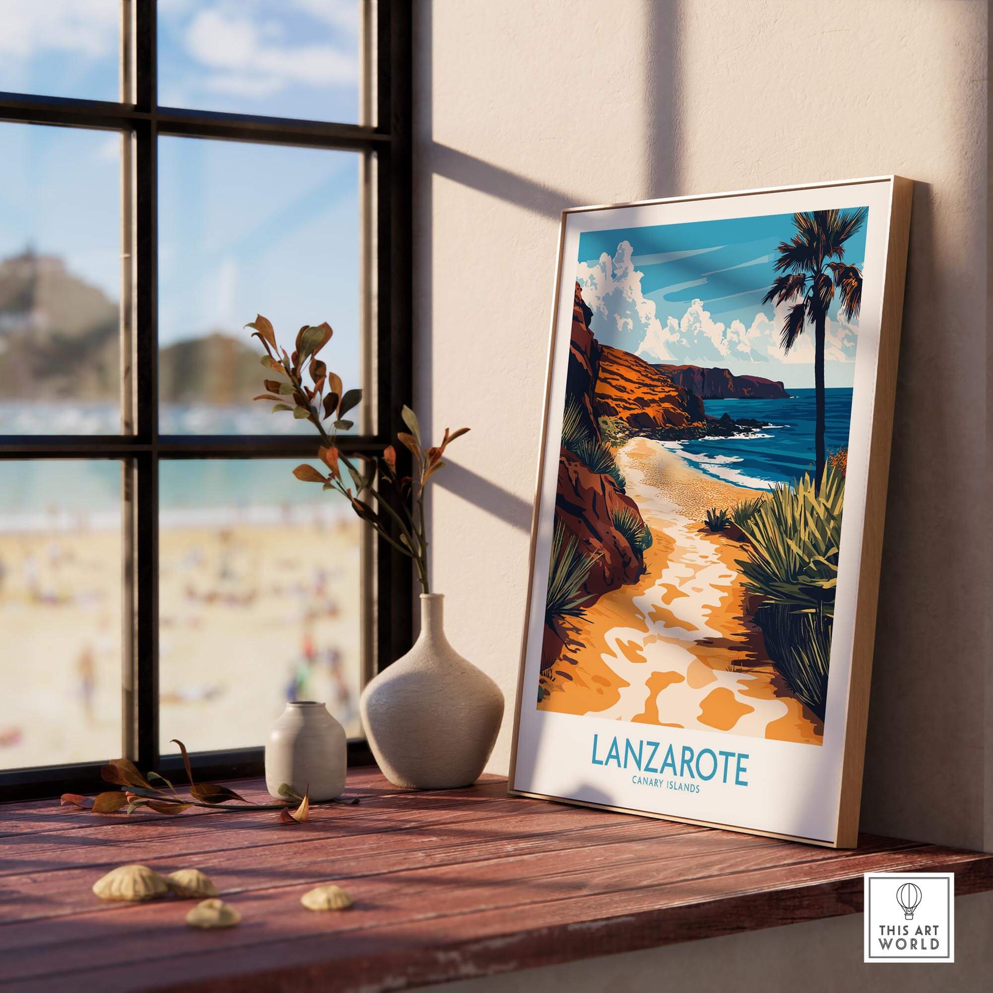 Lanzarote Canary Islands Spain Wall Art Print showcasing a beach scene with palm trees and vibrant colors.