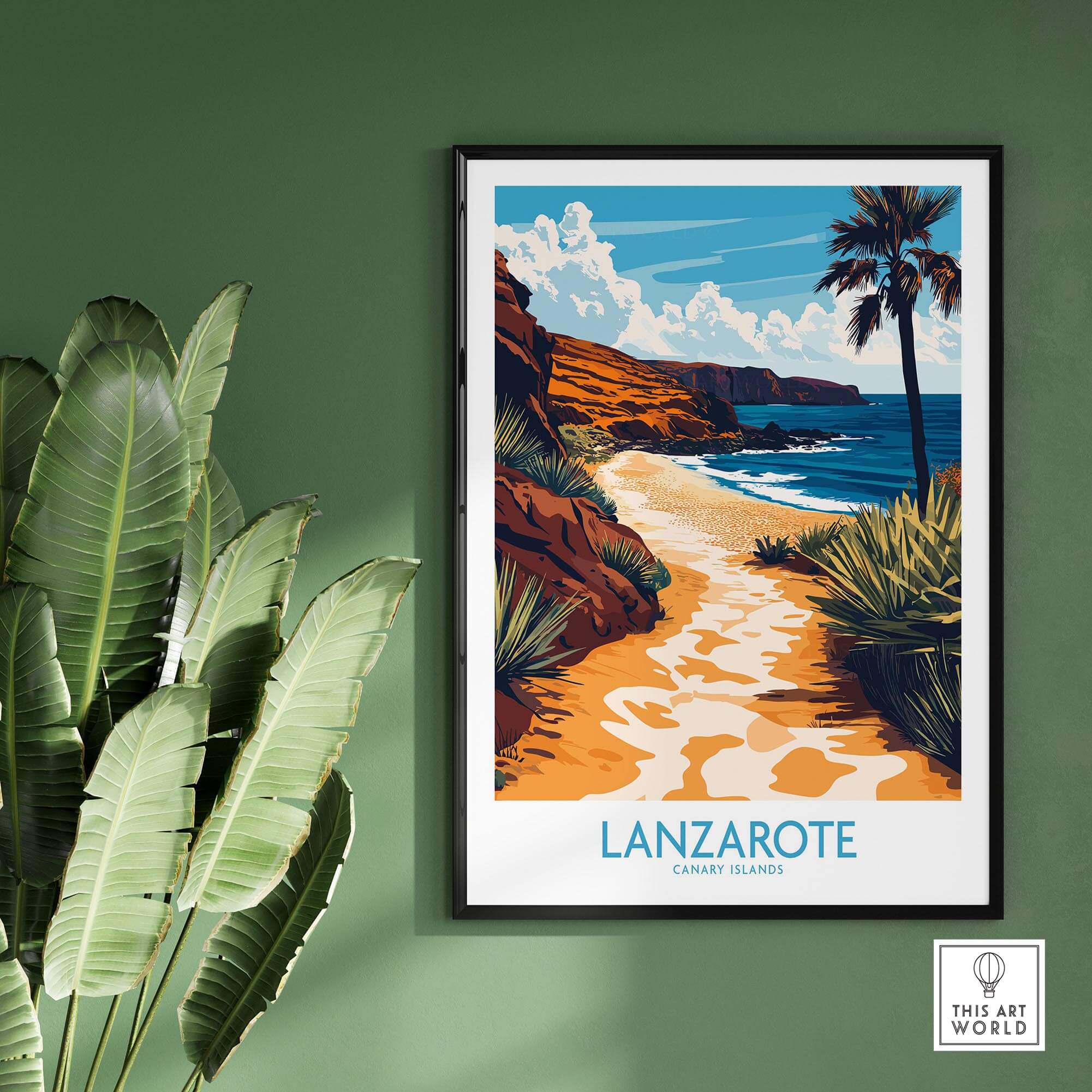 Lanzarote Canary Islands Spain Wall Art Print featuring a serene beach scene framed against a green wall.