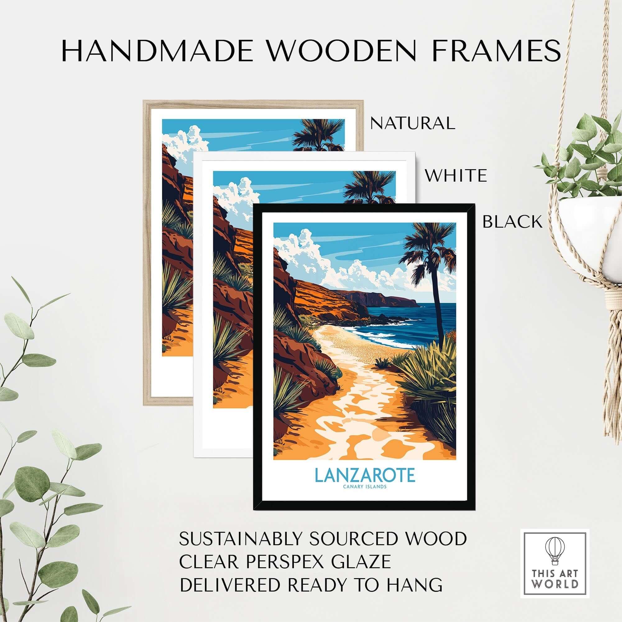 Lanzarote Canary Islands Spain Wall Art Print framed in natural, white, and black handmade wooden frames.