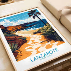 Lanzarote Canary Islands Spain Wall Art Print featuring a beautiful beach scene with palm trees and vibrant colors.
