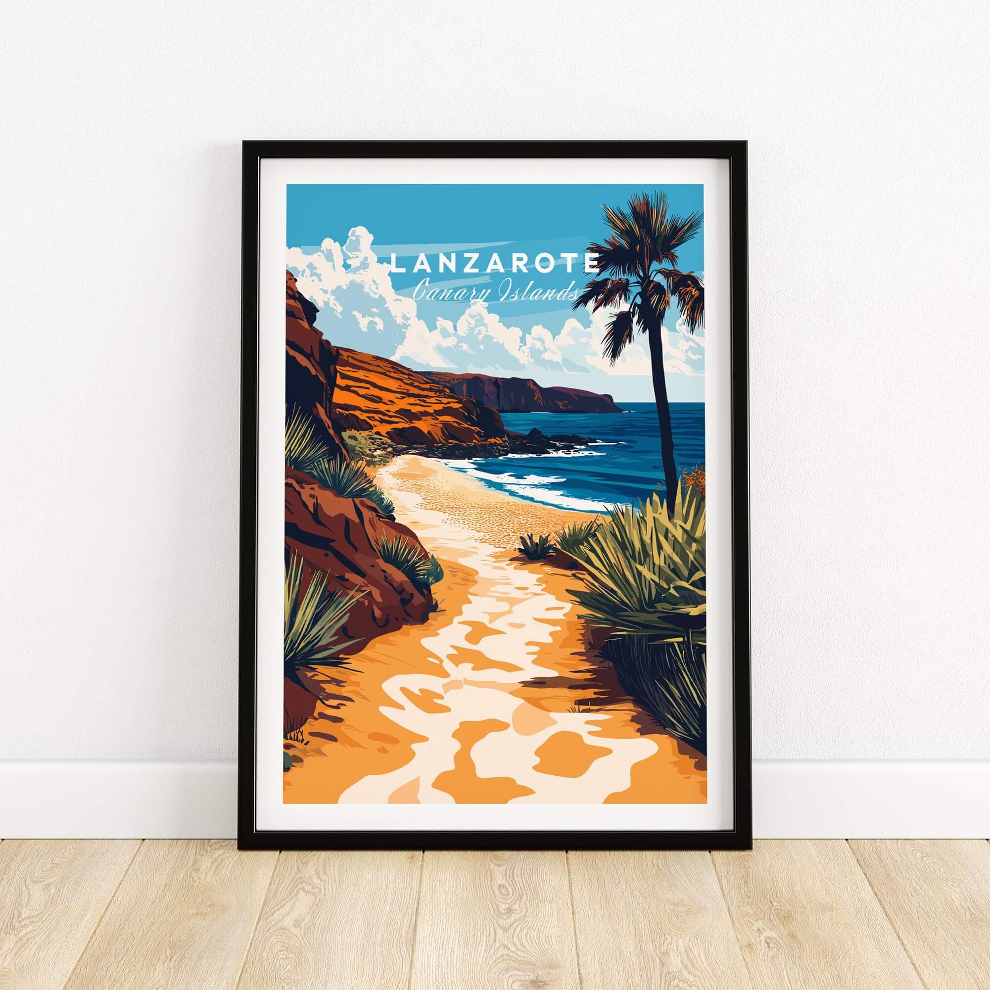 Lanzarote Canary Islands Spain Wall Art featuring a serene beach scene and palm trees.