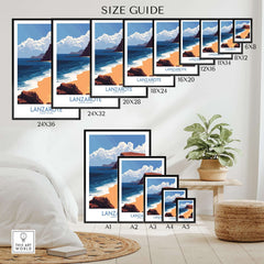 Lanzarote Poster Canary Islands Spain size guide showing various frame sizes and wall display options.