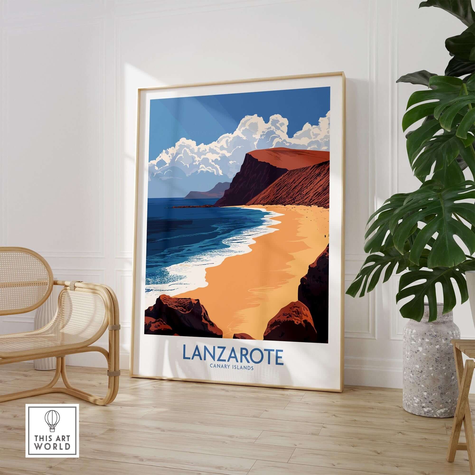 Lanzarote Poster Canary Islands Spain displayed in a stylish room, showcasing stunning beach and mountain scenery.