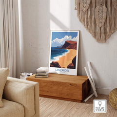 Lanzarote Poster Canary Islands Spain displayed in a stylish living room setting with a beach and mountain view.