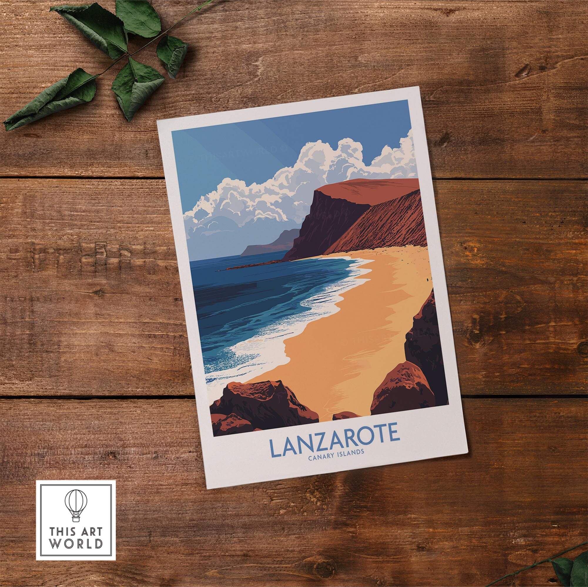 Lanzarote Poster Canary Islands Spain showcasing beaches and cliffs in vibrant colors on a wooden background.