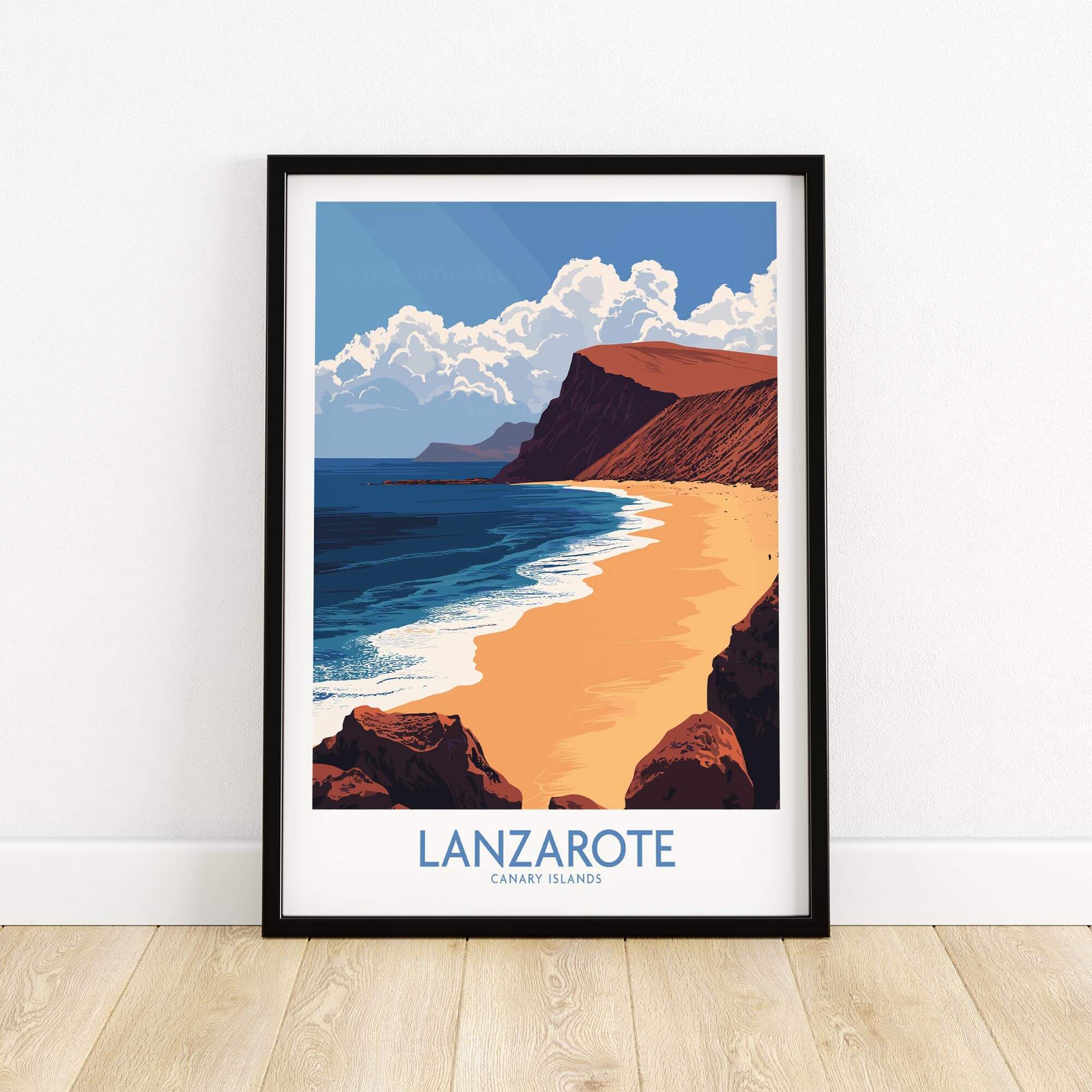 Lanzarote Poster Canary Islands Spain showcasing golden beaches and vibrant blues of the Canary Islands.