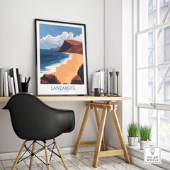 Lanzarote Poster Canary Islands Spain displayed in a stylish workspace, showcasing the beautiful coastline of Lanzarote.