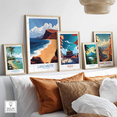 Lanzarote Poster Canary Islands Spain displayed among travel prints on a stylish living room wall