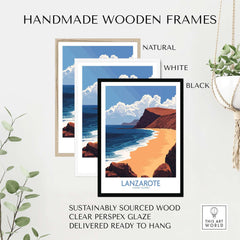 Lanzarote Poster Canary Islands Spain displayed in handmade wooden frames in natural, white, and black finishes.