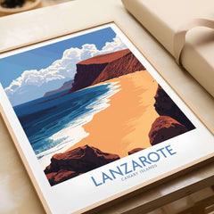 Lanzarote Poster Canary Islands Spain featuring golden beaches and vibrant blues in a stunning travel print.