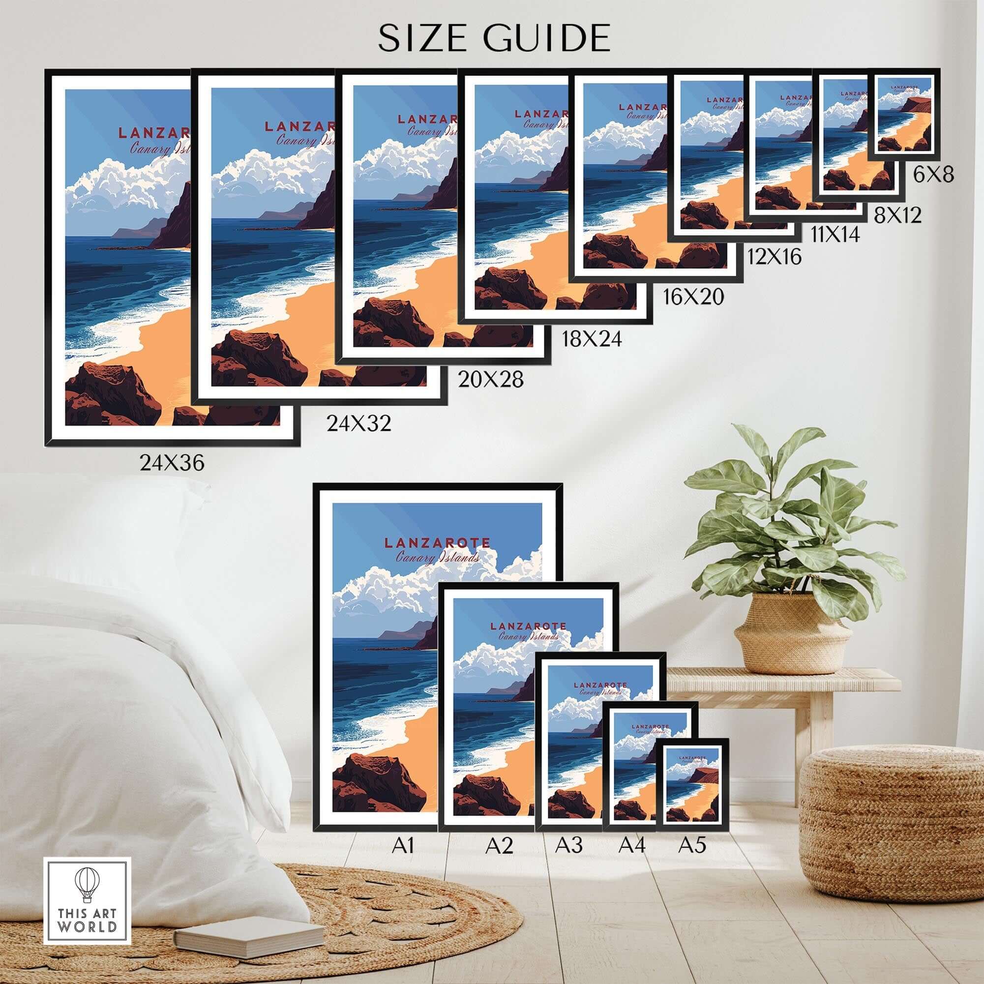 Lanzarote Print Canary Islands Spain Size Guide with various frame dimensions and wall art display ideas.