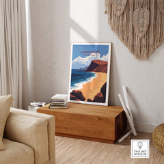 Lanzarote Print Canary Islands Spain showcased in a home decor setting with beach landscape details.