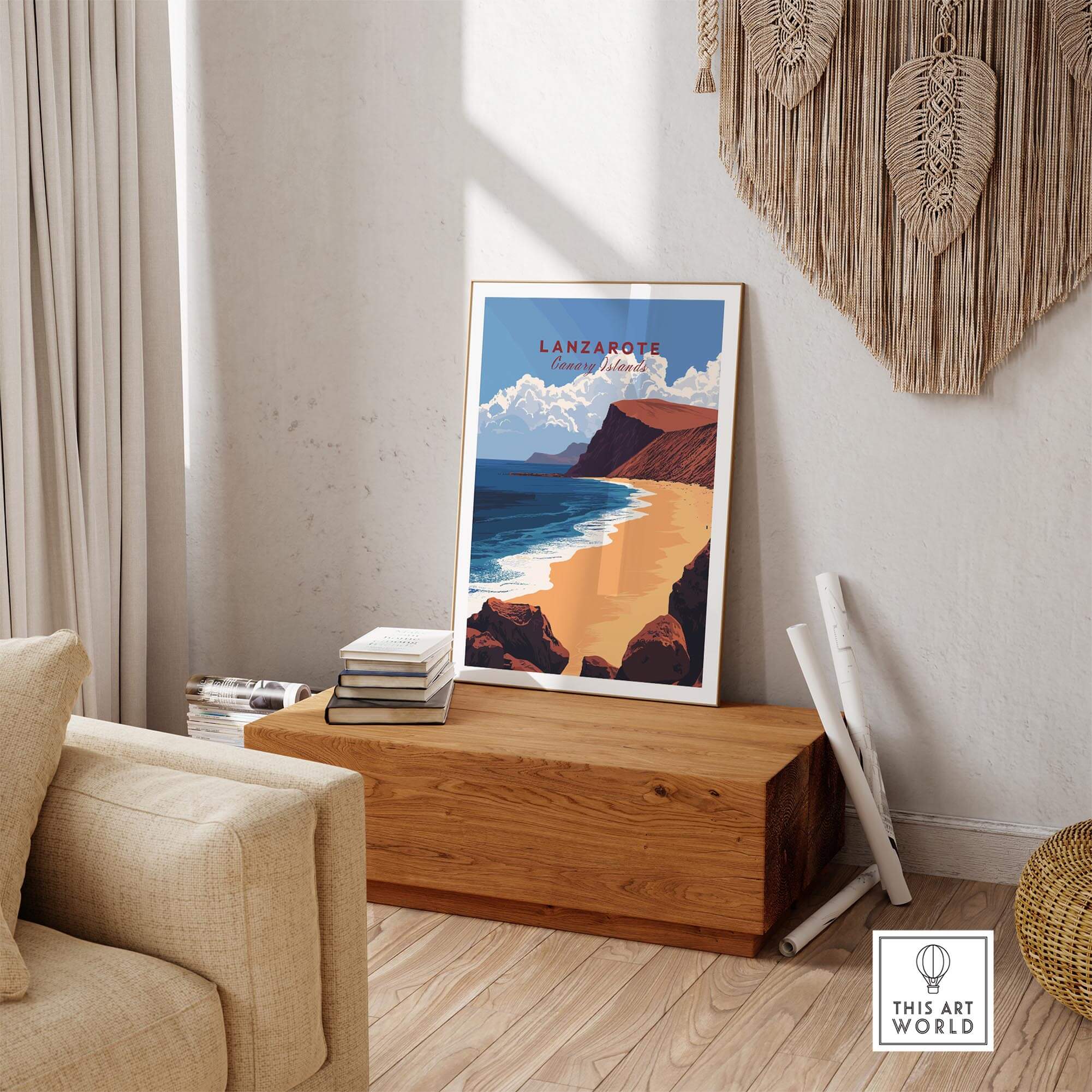 Lanzarote Print Canary Islands Spain showcased in a home decor setting with beach landscape details.