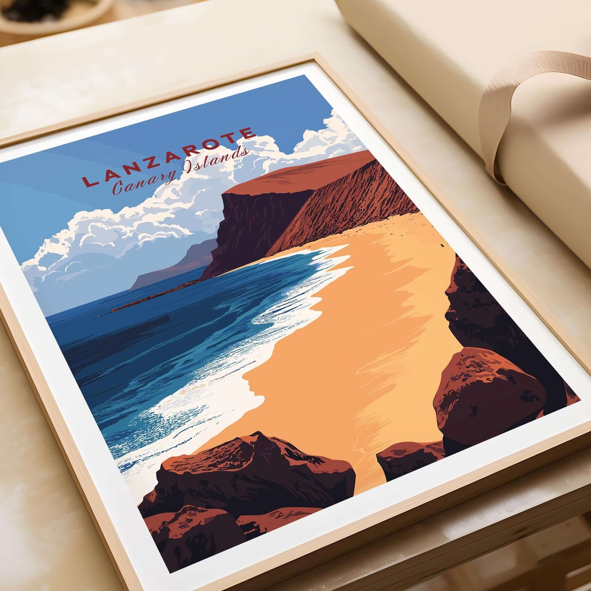 Lanzarote Print Canary Islands Spain wall art featuring the beach landscape of Lanzarote in vibrant colors.