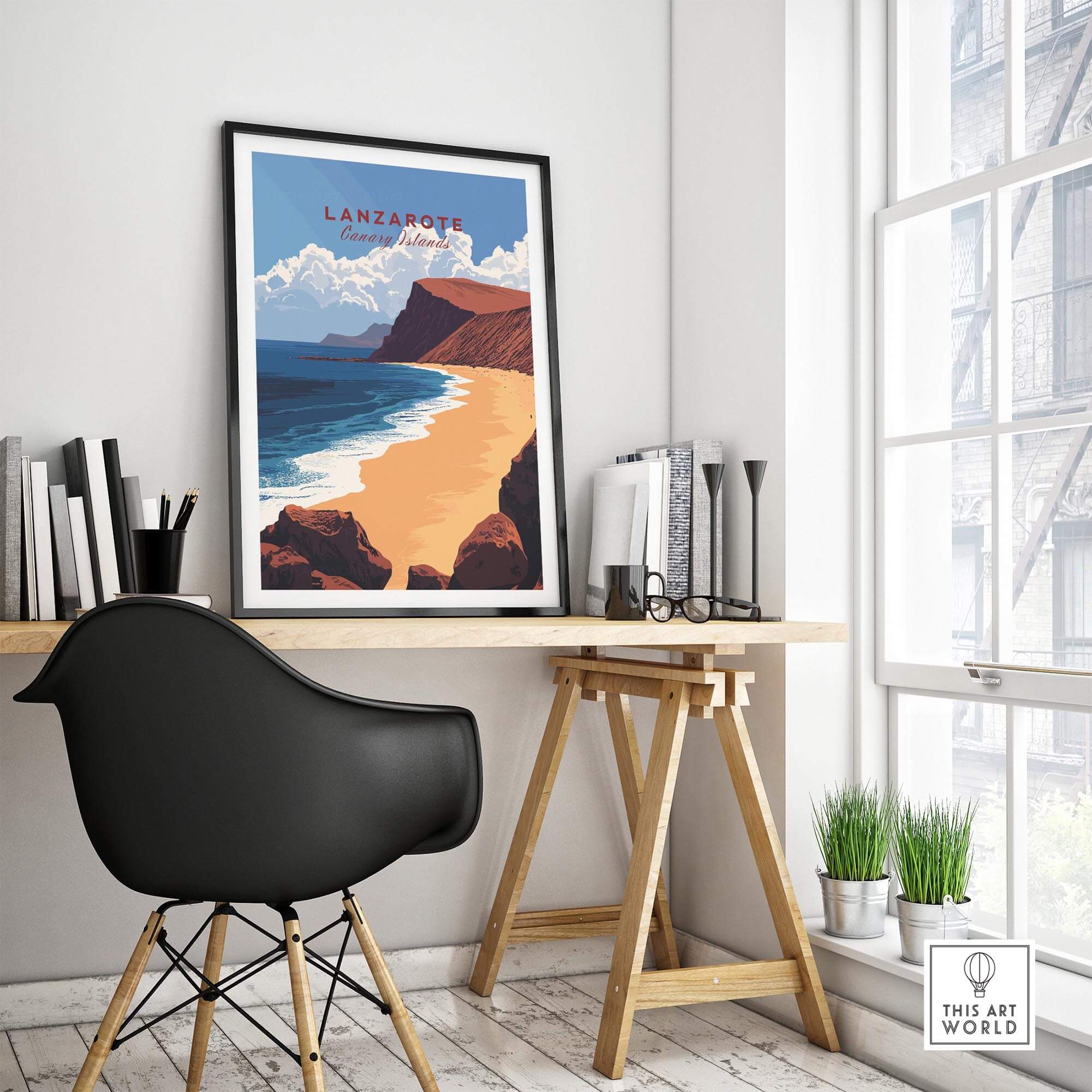 Lanzarote Print Canary Islands Spain displayed in a stylish interior with a modern desk and chic decor.