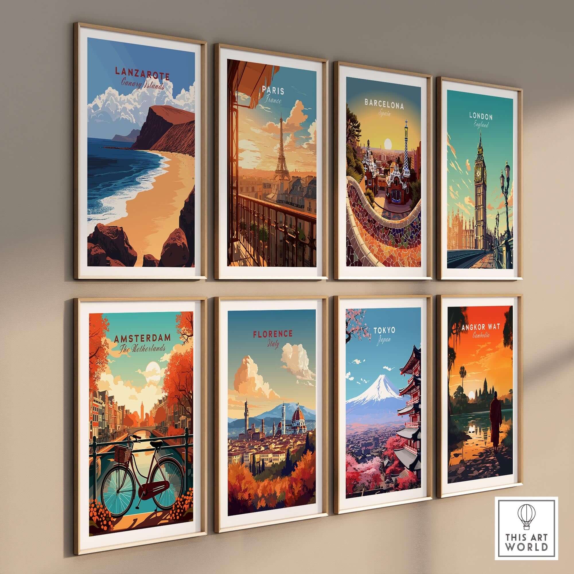Lanzarote Print Canary Islands Spain featured among other city prints on a wall.