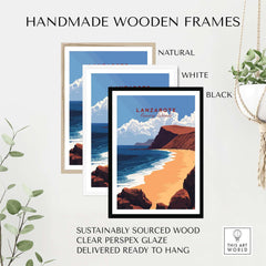 Lanzarote Print Canary Islands Spain showcased in handmade wooden frames in natural, white, and black finishes.