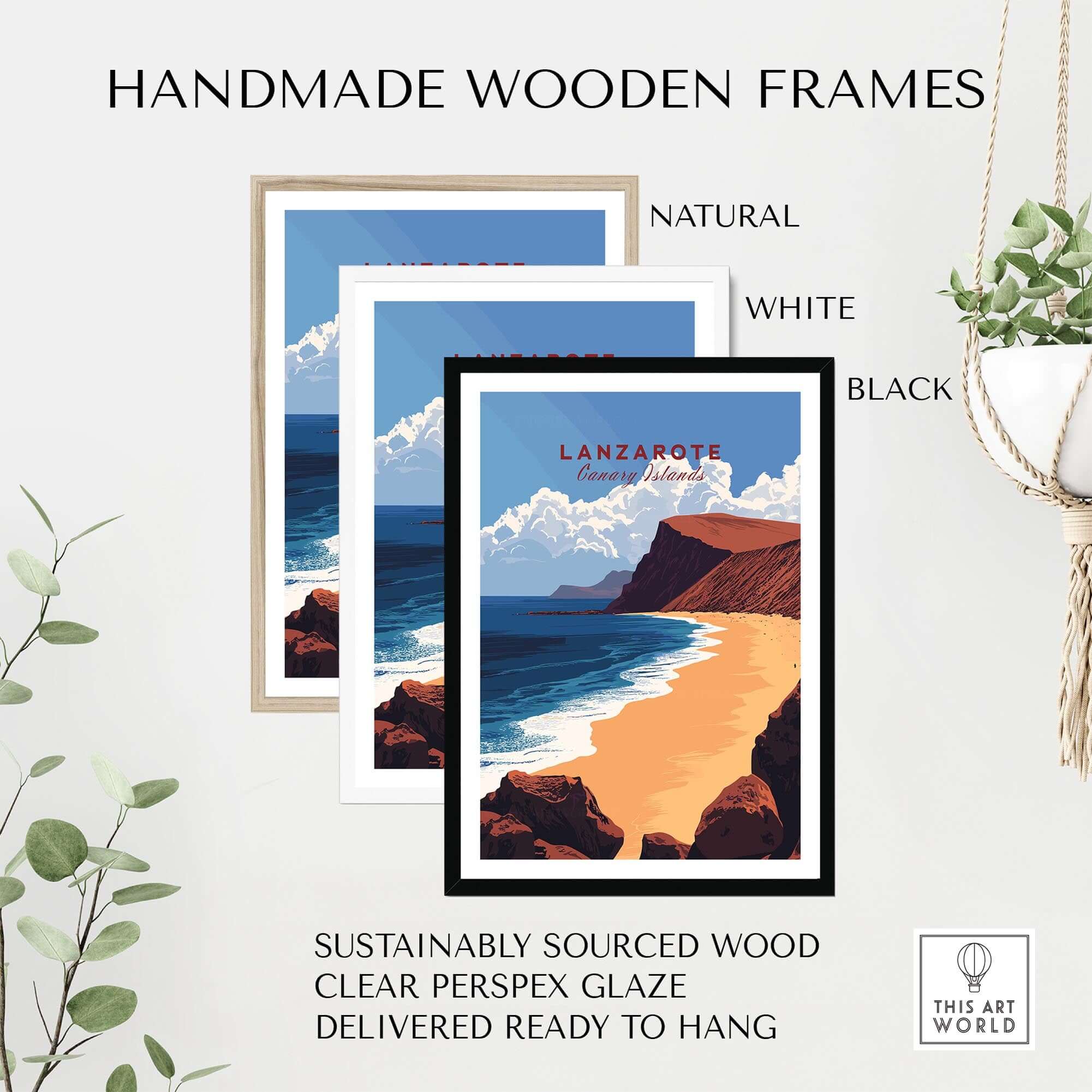 Lanzarote Print Canary Islands Spain showcased in handmade wooden frames in natural, white, and black finishes.