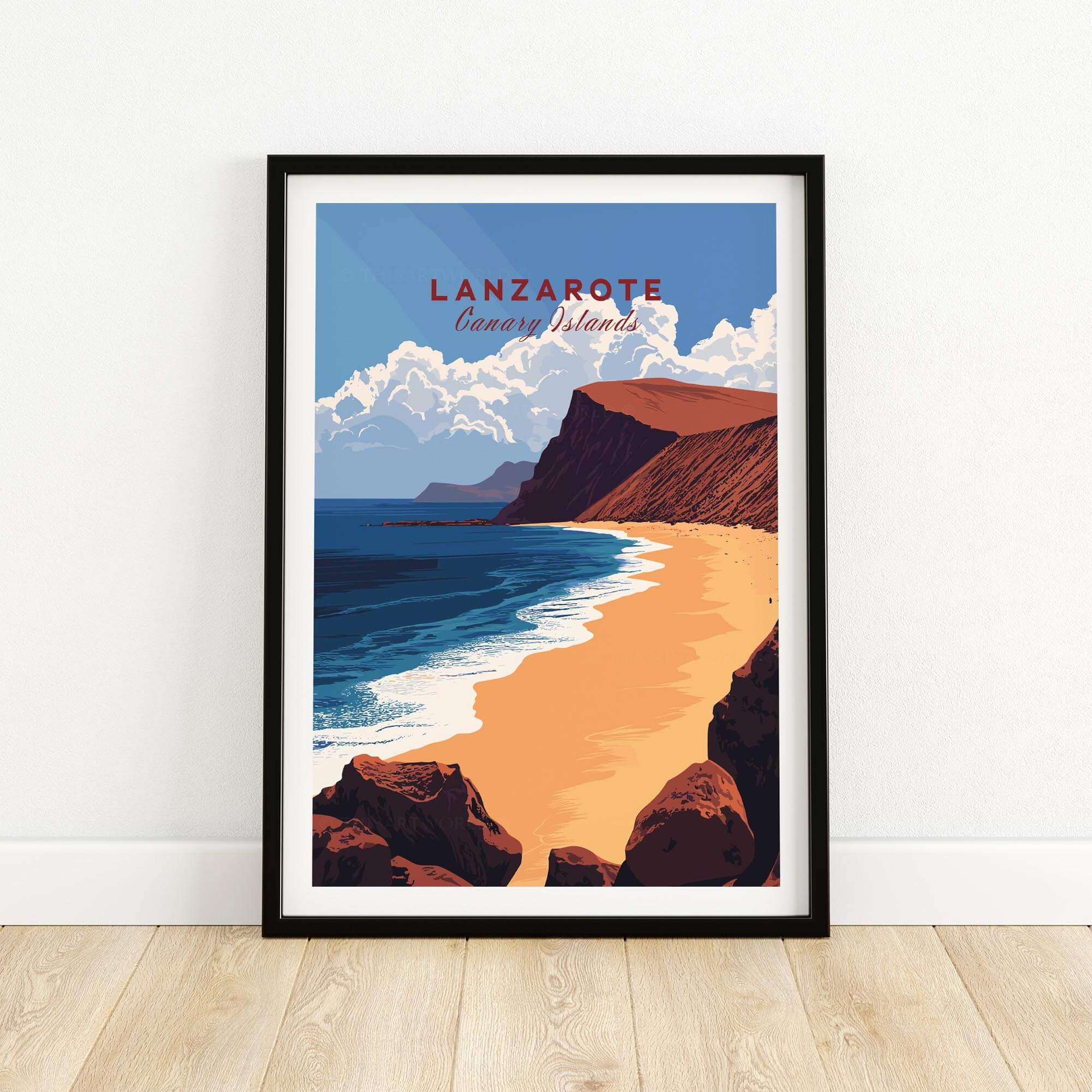 Lanzarote Print Canary Islands Spain showcasing the stunning beach landscape of Lanzarote in vibrant colors.