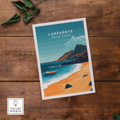 Lanzarote Wall Art featuring a picturesque beach and mountains capturing the essence of the Canary Islands.