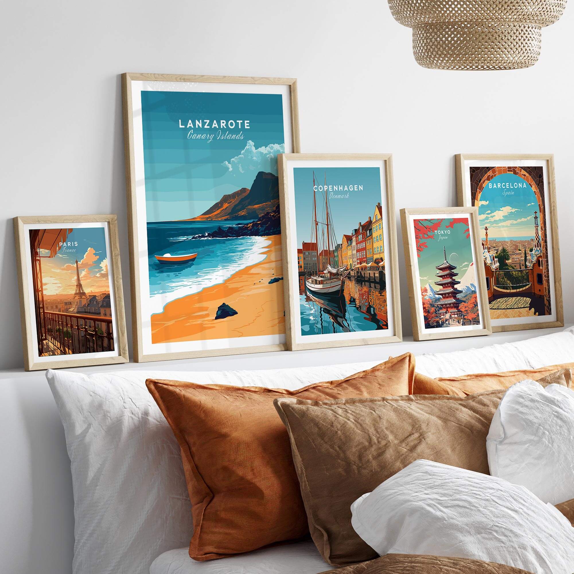 Lanzarote Wall Art featuring captivating beach scenes and travel prints from various cities.
