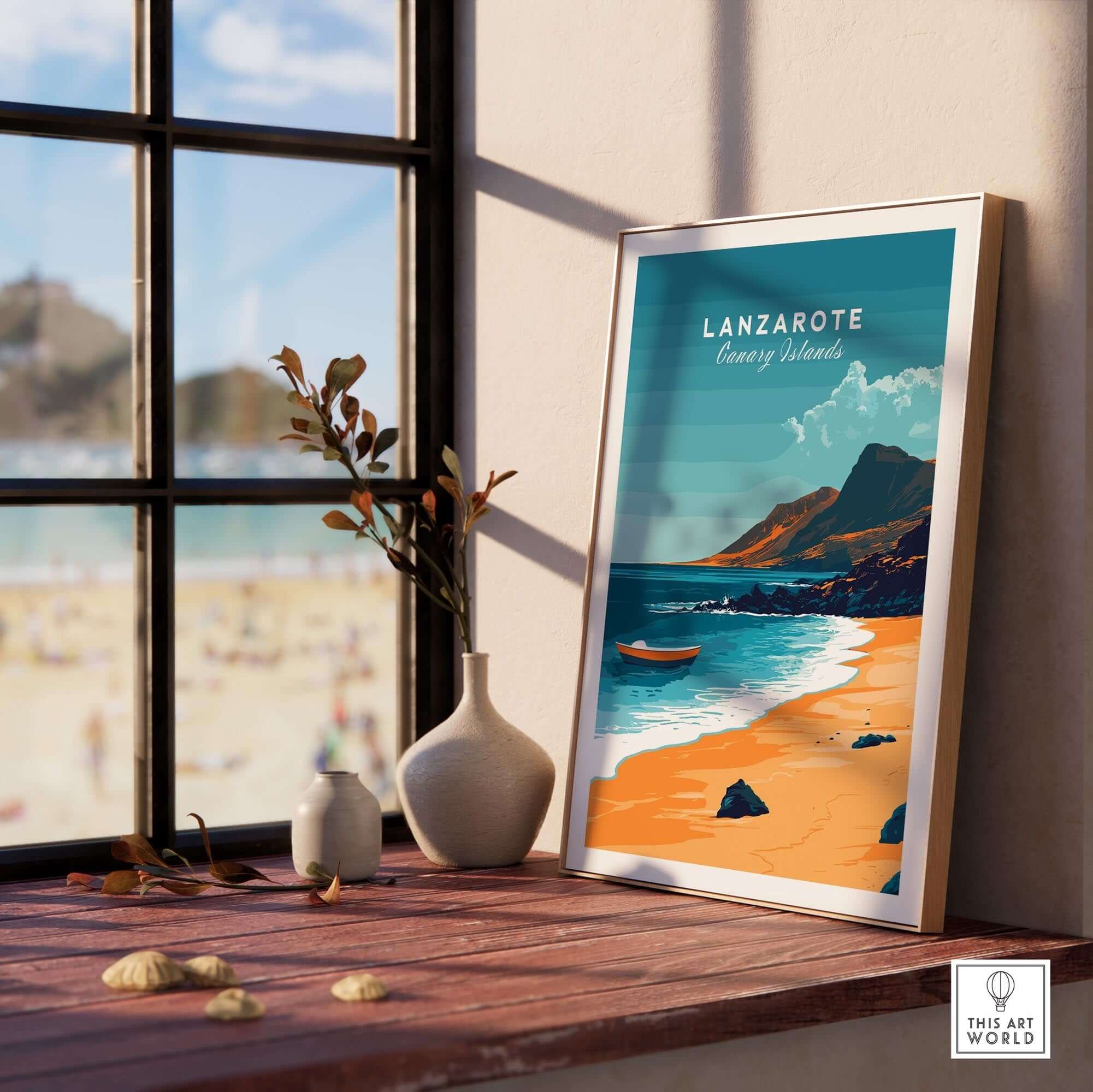 Lanzarote Wall Art featuring a picturesque beach scene and mountains, perfect for adding tranquility to any space.