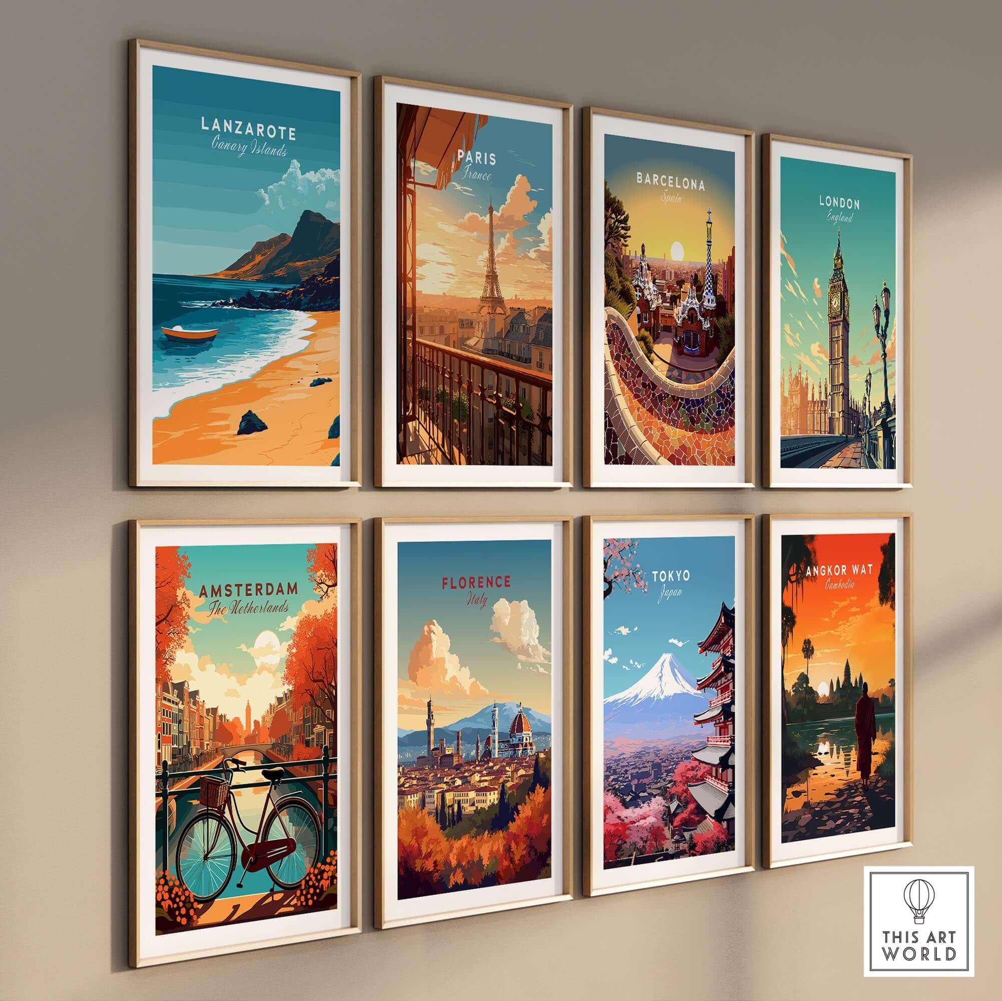 Lanzarote Wall Art showcasing vibrant prints of global cities including Lanzarote, Paris, Barcelona, and London.