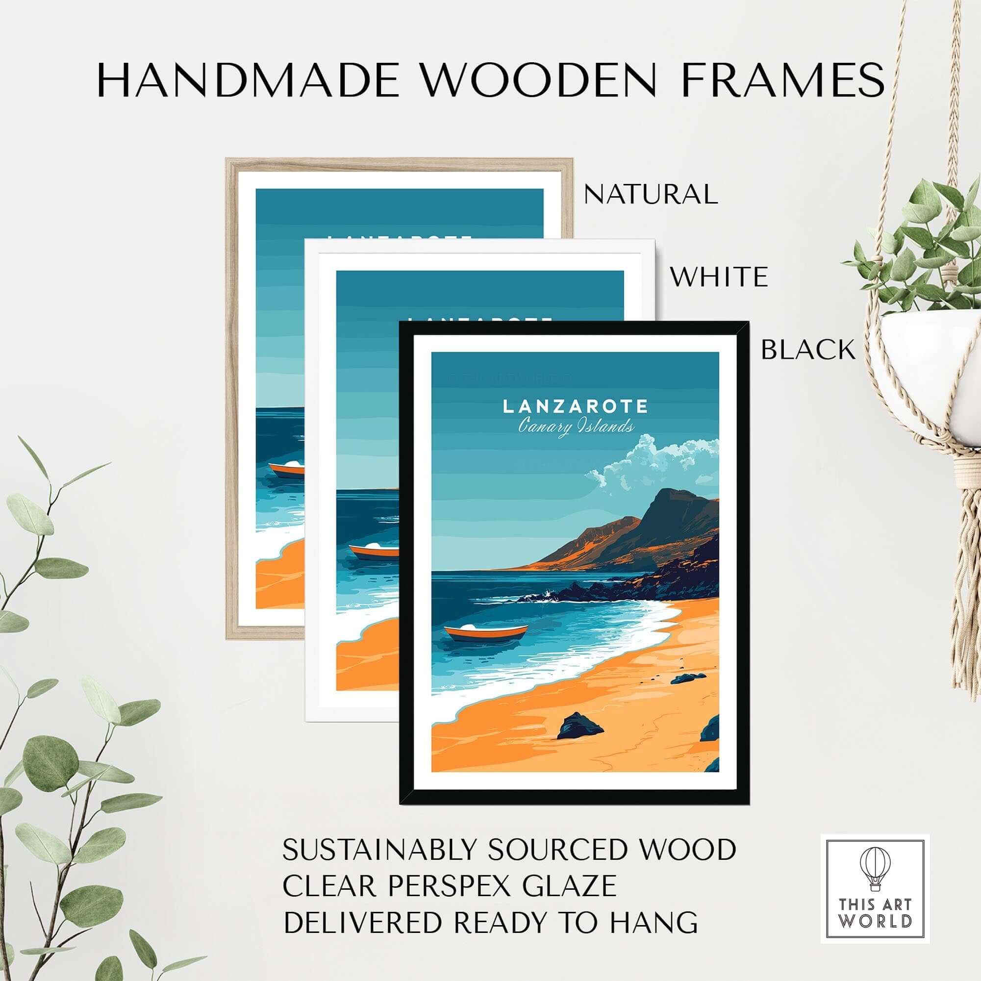 Lanzarote Wall Art displayed in handmade wooden frames available in natural, white, and black finishes.