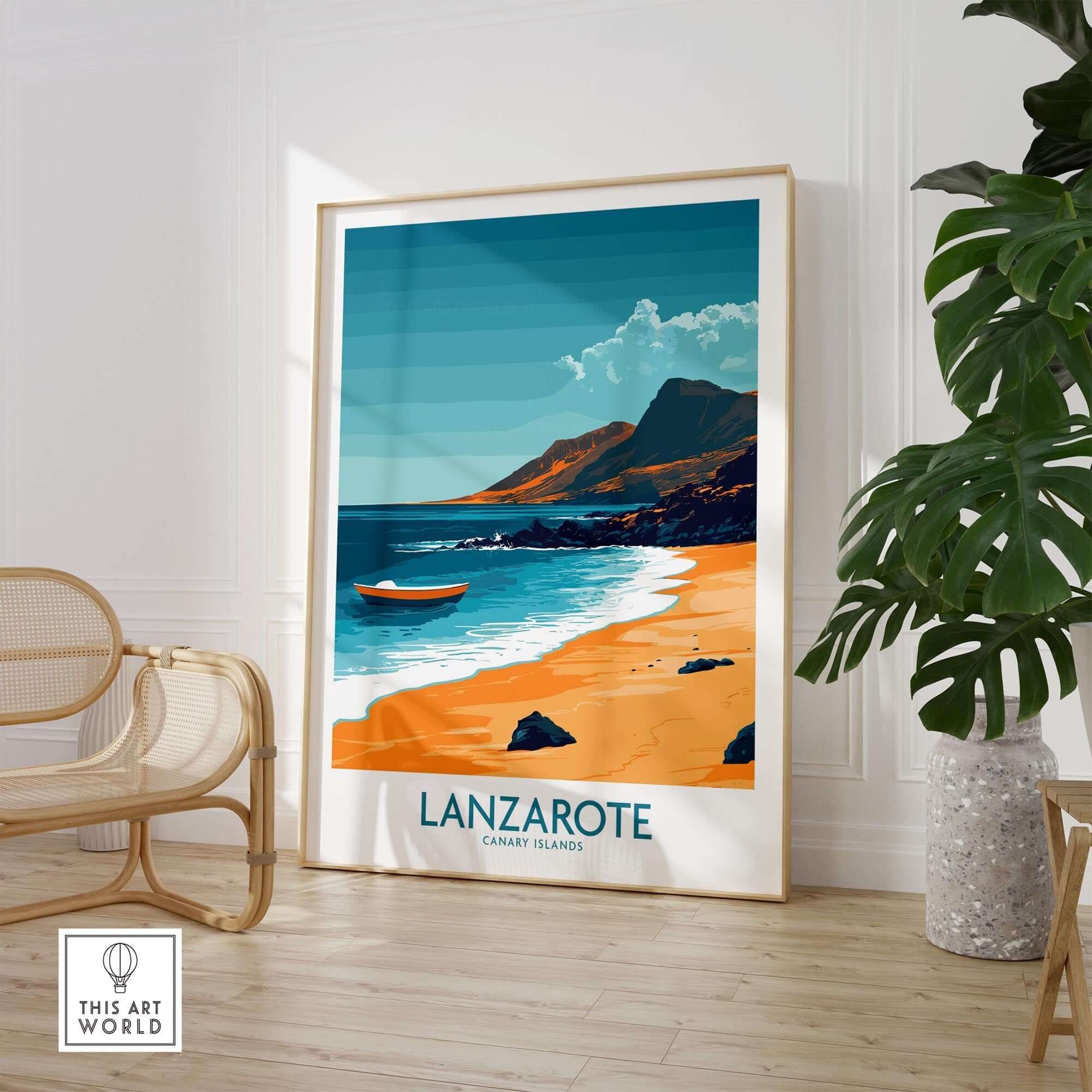 Lanzarote Wall Art Print featuring a serene beach scene with mountains in the background, perfect for home decor.