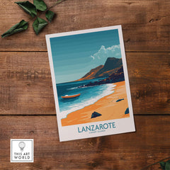 Lanzarote Wall Art Print featuring a serene beach and mountain landscape inspired by the Canary Islands.