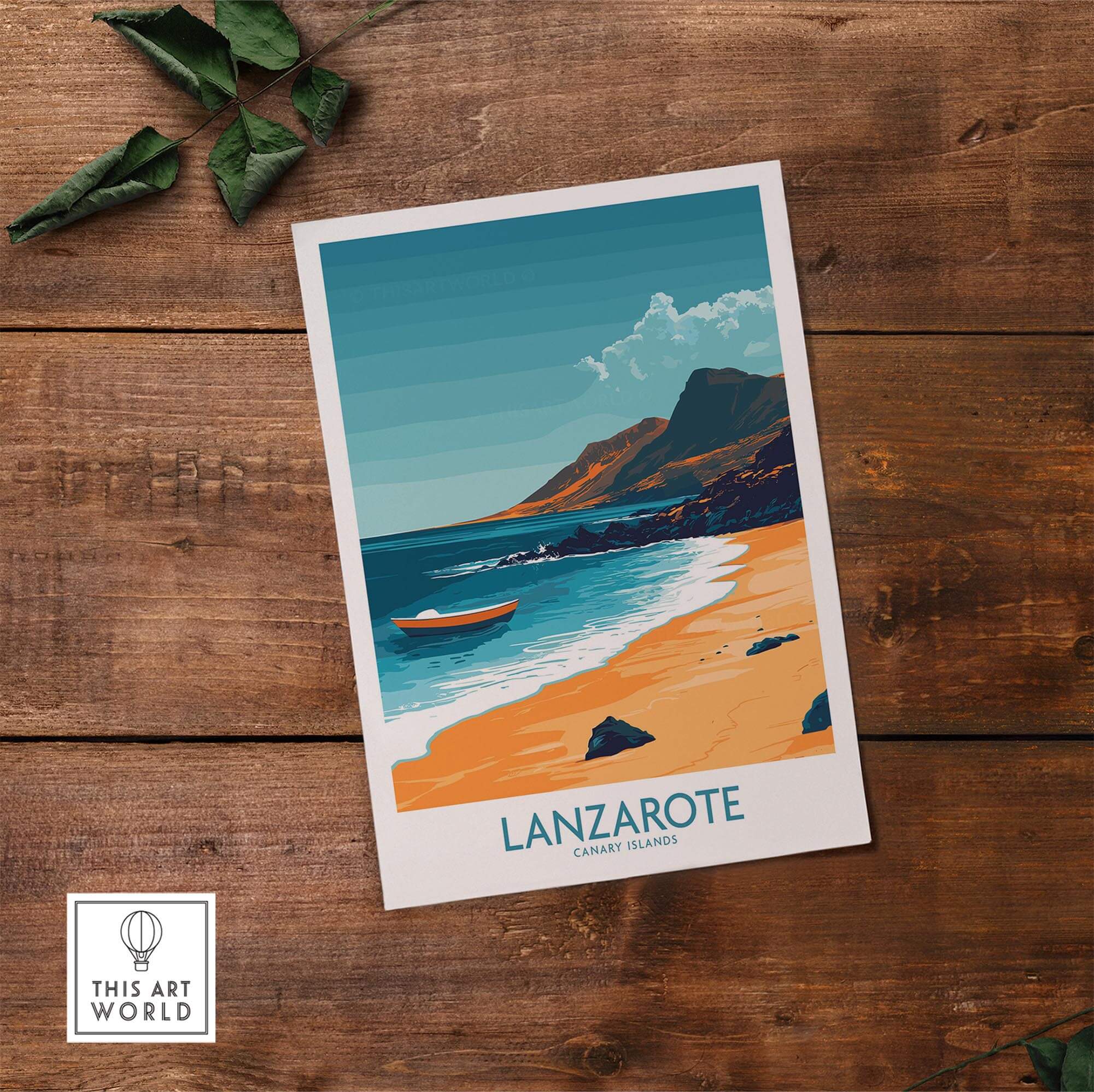 Lanzarote Wall Art Print featuring a serene beach and mountain landscape inspired by the Canary Islands.