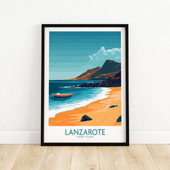 Lanzarote Wall Art Print featuring a scenic beach view with a boat, capturing the essence of the Canary Islands.