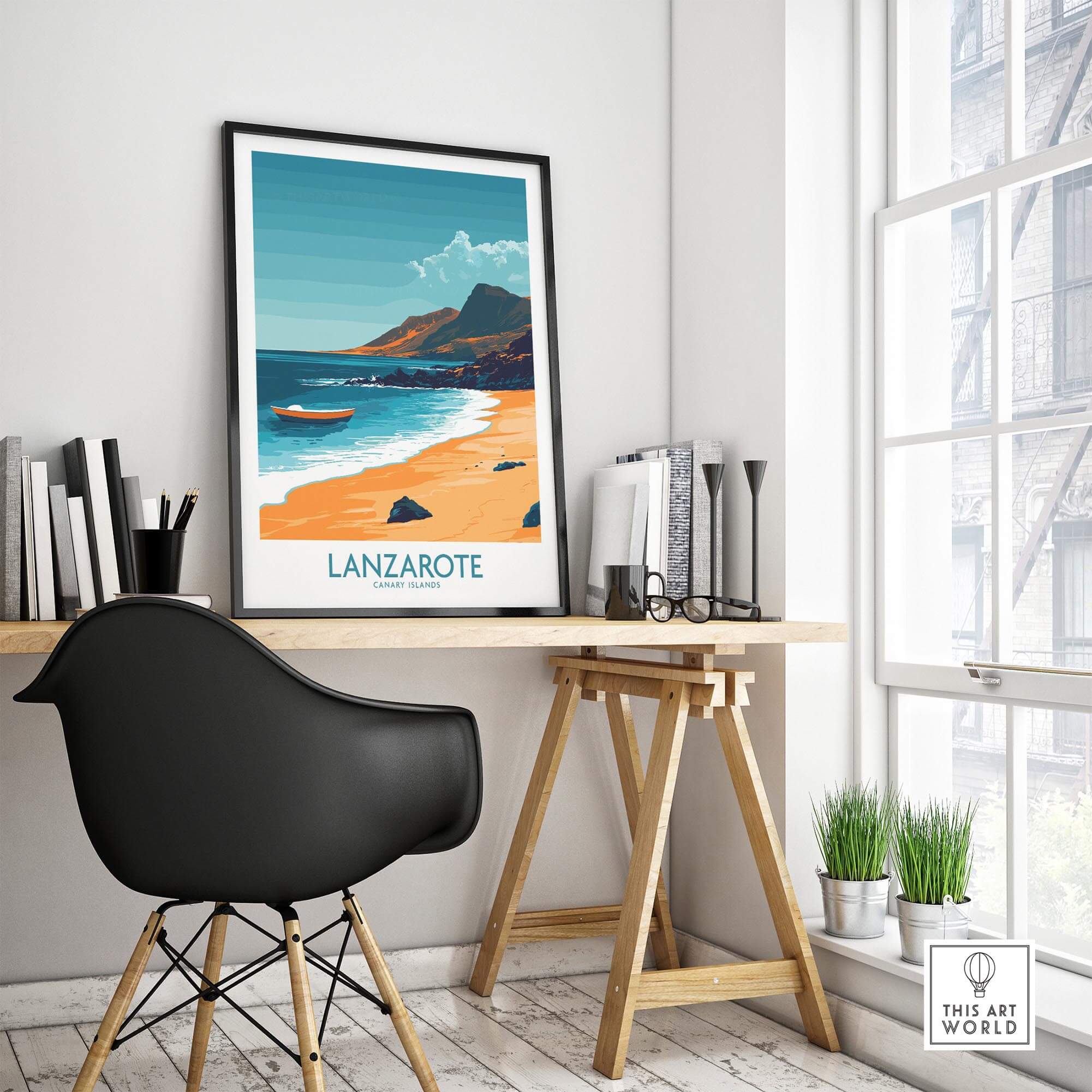 Lanzarote Wall Art Print displayed in a modern workspace, featuring beach scenery and a peaceful vibe.