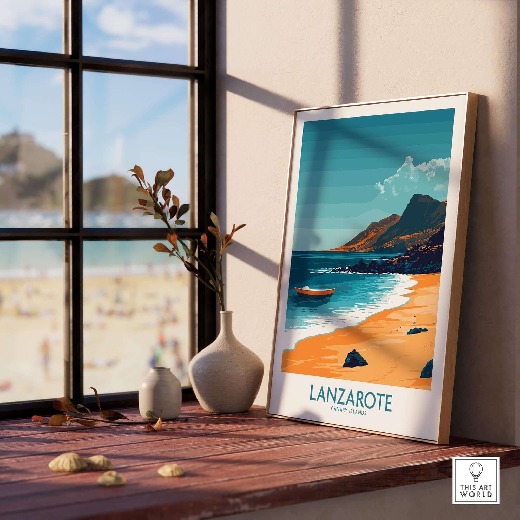 Lanzarote Wall Art Print showcasing a serene beach scene perfect for home decor.