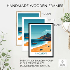 Lanzarote Wall Art Print showcased in natural, white, and black handmade wooden frames for home decor.